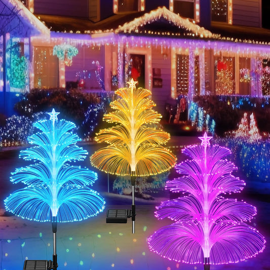 cltowany Solar Christmas Decorations Trees Lights Outdoor Waterproof Solar Christmas Tree Jellyfish Lights 5 Layer Optical Fiber 7 Color Changing for Pathway Lawn Patio Outside Decorative, 3PCS