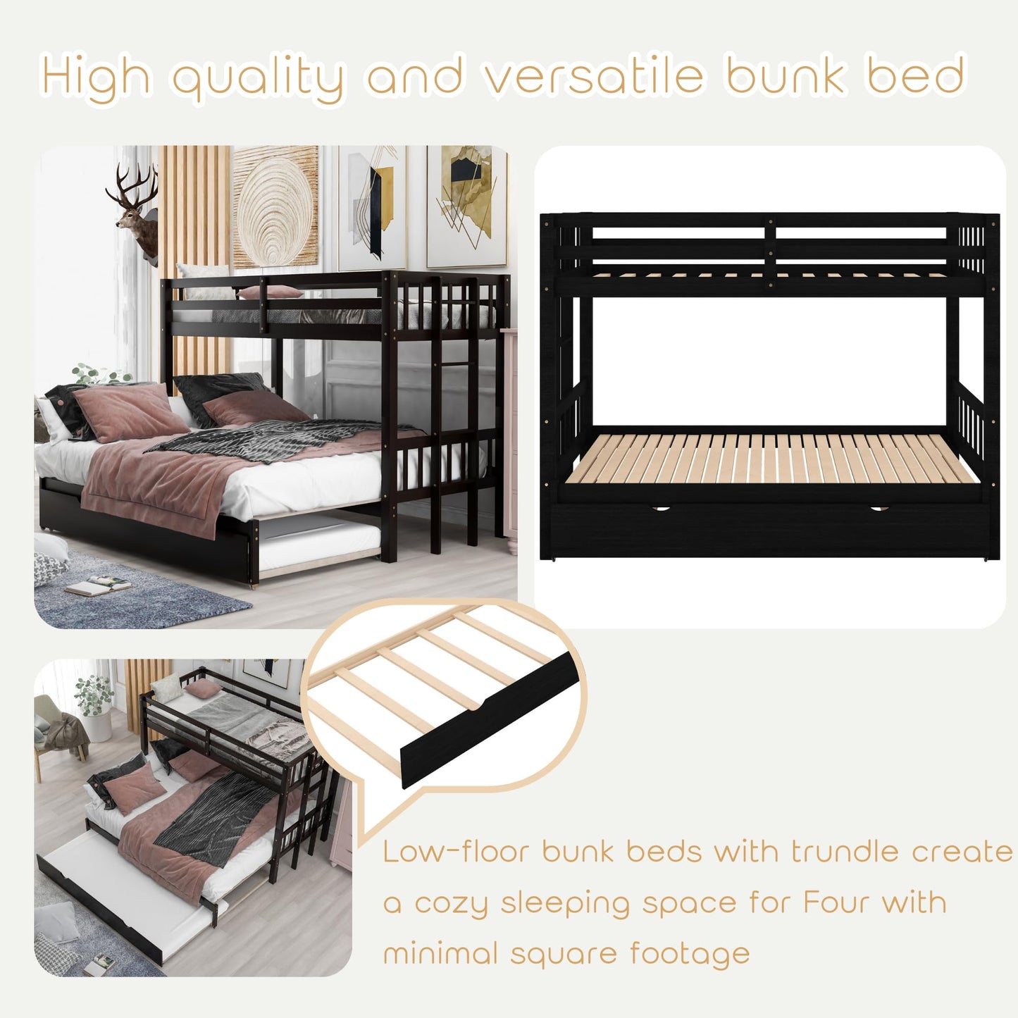 Twin Over Twin/King Bunk Beds with Trundle, Twin Over Pull-Out bunk Bed Accommodate 4 People for Kids, Adult, Extendable Bunk Beds with Ladder and Safety Rail,Espresso