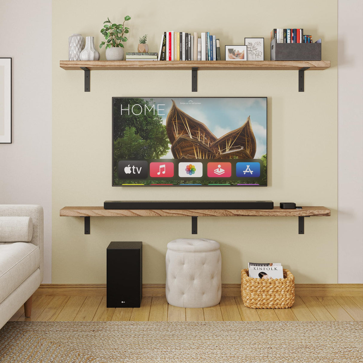 Wallniture Cervo 72"x9.5" Floating Shelves for Wall, Living Room Wall Book Shelf, Kitchen Floating Shelves with Metal Heavy Duty Brackets, Burnt Finish, Wood Set of 2 Wallniture