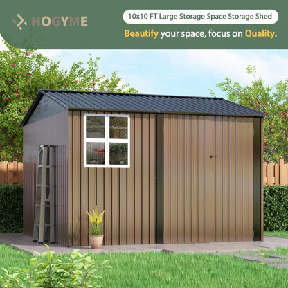 HOGYME 10x10 FT Outdoor Storage Shed, Large Metal Tool Sheds with Updated Frame Structure and Lockable Doors, Garden Shed for Backyard Garden Patio Lawn, Brown - WoodArtSupply