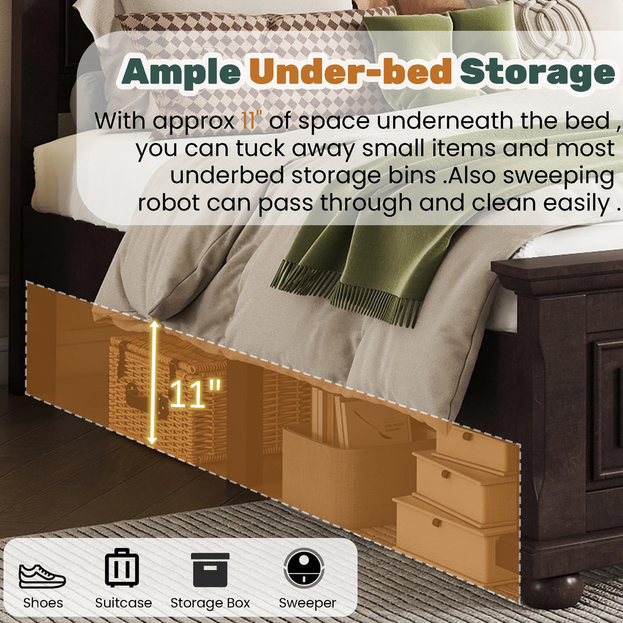 Mirightone Wood Queen Bed Frame with Tall Headboard and Footboard, Rustic Queen Panel Bed with Under Bed Storage, Farmhouse Style, Noise-Free, No Box Spring Needed, Antique Brown Mirightone