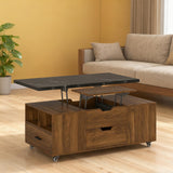 TRJQBCC 45" Lift Top Coffee Table, Modern Coffee Table with 2 Stools Set, Space Saving Center Table Folding Dining Table with 2 Drawers & Expandable Hidden Storage for Living Room, Office (Wood) TRJQBCC