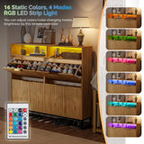 VINGLI Fluted Shoe Cabinet Storage for Entryway,Hidden Shoes Storage Cabinet with 4 Flip Drawers, Mid Century Modern Shoe Rack with LED Light,Shoes Organizer with Cubby for Hallway(Natural Oak) VINGLI