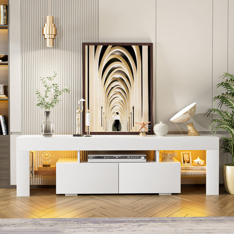JUMMICO TV Stand, Modern Lighting TV Cabinet Entertainment Center Media and Open Shelf, TV Console Table with 1 Drawer and Remote Control, 20 Color LED Lights up to 70 Inch TV (White) JUMMICO