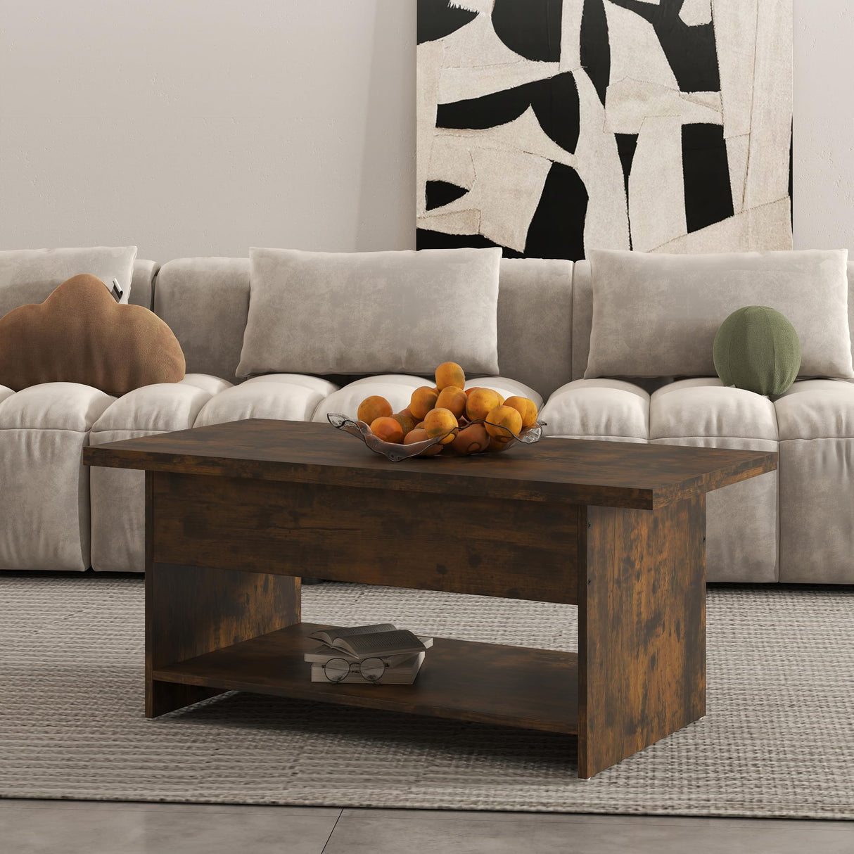 Manora 40'' Farmhouse Multi-Functional Lift-Top Coffee Table with Hidden Storage & Open Shelf, 4-in-1 Convertible Center Table for Living Room, Small Spaces, Dining or Home Office Workstation (Brown) Manora