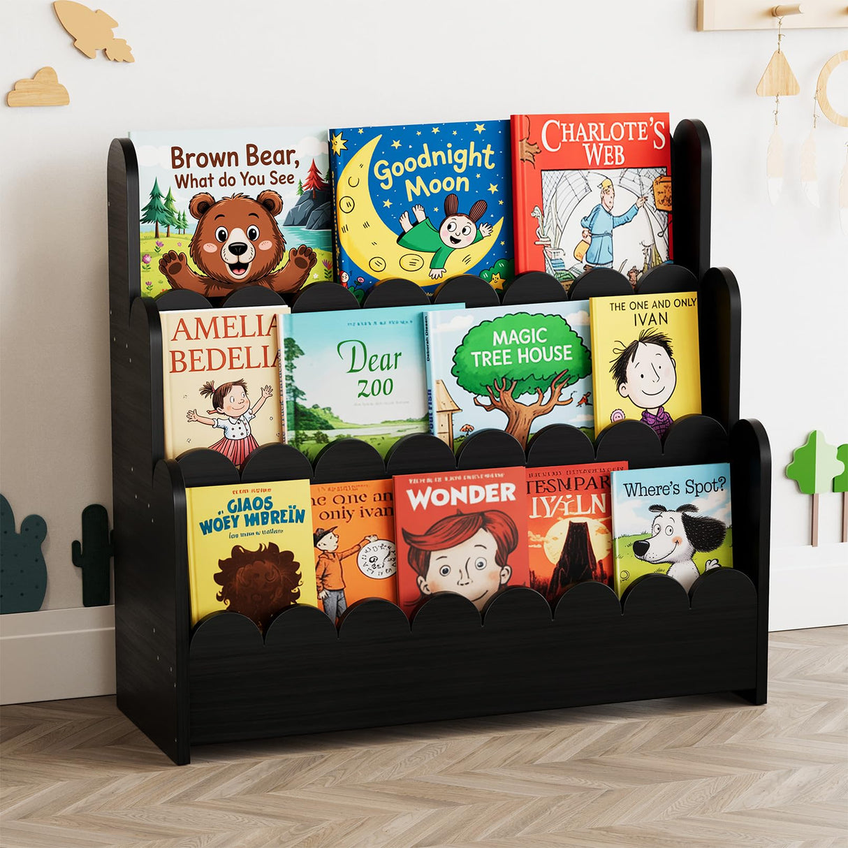 SpaceAid 3-Tier Scalloped Bookshelf, Montessori Bookcase for Toddlers, Wooden Book Shelf Organizer Display Furniture for Kids Rooms, Playroom, Nursery and Classroom, Black SpaceAid