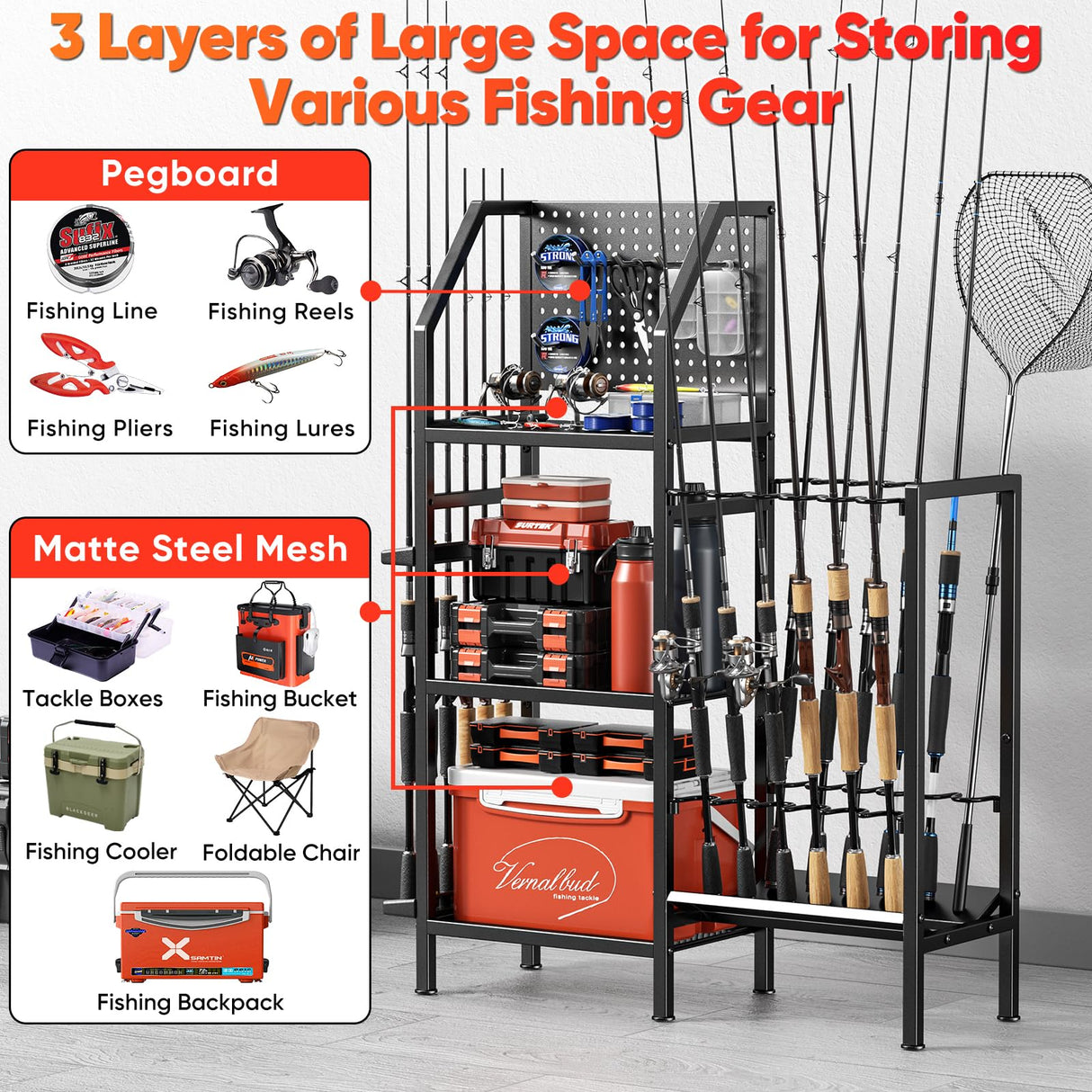 POKIPO Fishing Rod Holders for Garage,Fishing Rod Rack Storage up to 18 Rods,3 Tier Adjust Heavy Duty Metal Fish Pole Stand Organizer with Pegboard for Fishing Gear and Equipment Accessories POKIPO