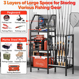 POKIPO Fishing Rod Holders for Garage,Fishing Rod Rack Storage up to 18 Rods,3 Tier Adjust Heavy Duty Metal Fish Pole Stand Organizer with Pegboard for Fishing Gear and Equipment Accessories POKIPO