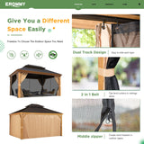 EROMMY 10' x 12' Gazebo, Wooden Finish Coated Aluminum Frame Canopy with Double Galvanized Steel Hardtop Roof, Outdoor Permanent Metal Pavilion with EROMMY