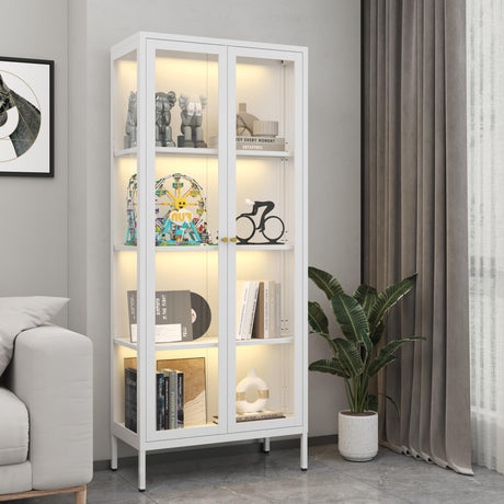 Kubohogar Display Cabinet with Glass Doors, 66" Curio Cabinet with 3 Color Lights, 4 Tier Display Case for Collectibles, Bookcase with Doors for Living Room Office Kubohogar