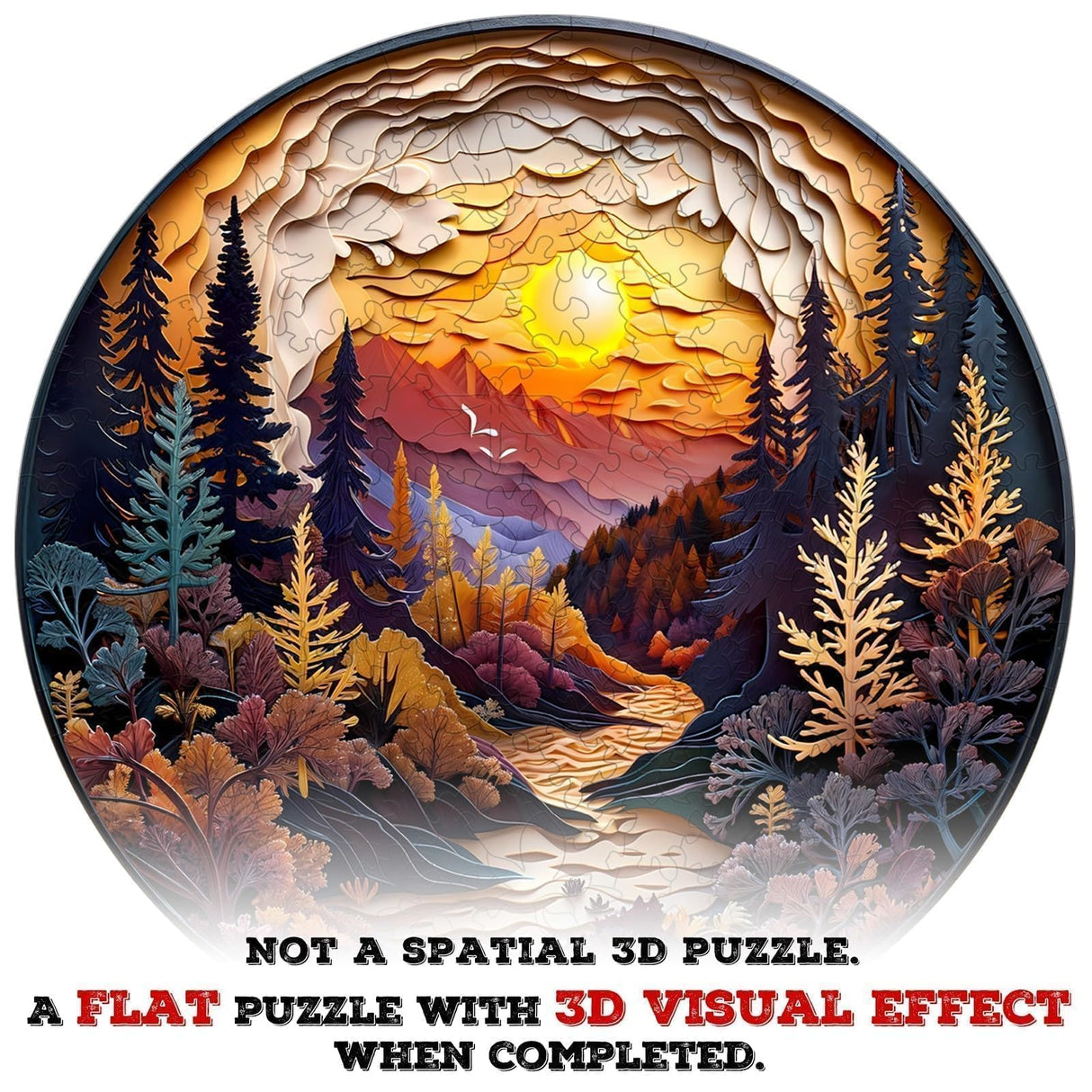 Wooden Puzzles for Adults - Flat Puzzle with 3D Visual Effect Sunset Forest Puzzle, Unique Shape Wooden Jigsaw Puzzles, Wood Puzzles Adult, Fall Puzzle Good Gift Idea (S-8.5 * 8.5in - 100 Pieces) Pijesaksa