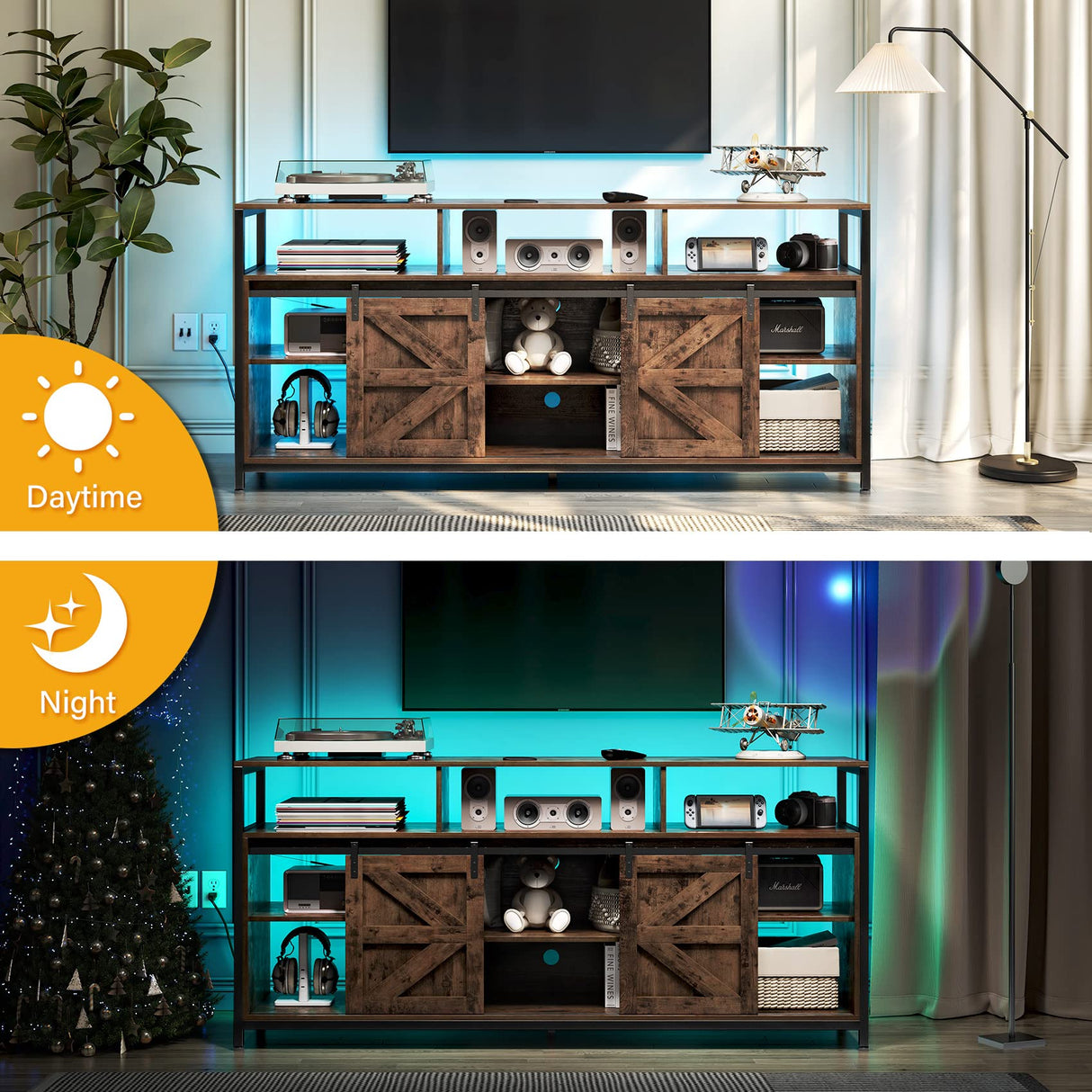 TC-HOMENY Brown TV Stand for 65 inch TV, Mid Century Modern Style, Sliding Barn Door, Adjustable Shelves, Built-in Charging Station and LED Light Strip, 33" High TC-HOMENY