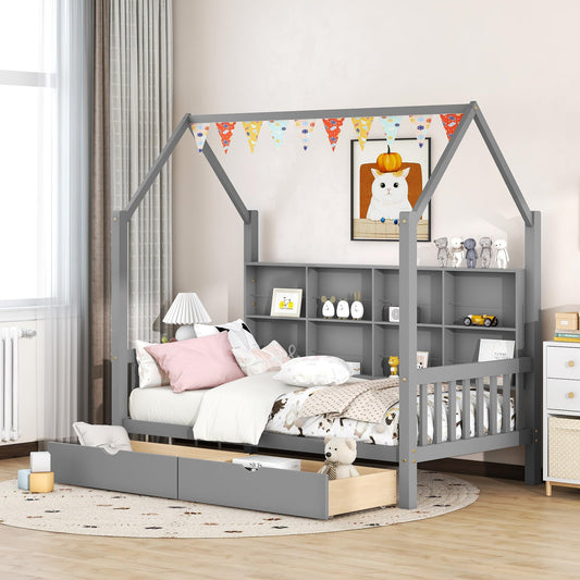 Bellemave Twin Size House Bed with Storage Drawers and Shelves - Gray Montessori Playhouse Frame for Kids - WoodArtSupply