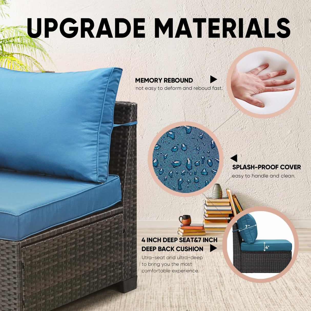 TerraRelax Patio Furniture Set 7 Pieces All Weather Patio Conversation Sets Wicker PE Rattan Outdoor Sectional Couch Sofa Set with Cushion Ottoman Table for Garden, Backyard, Poolside Peacock Blue TerraRelax