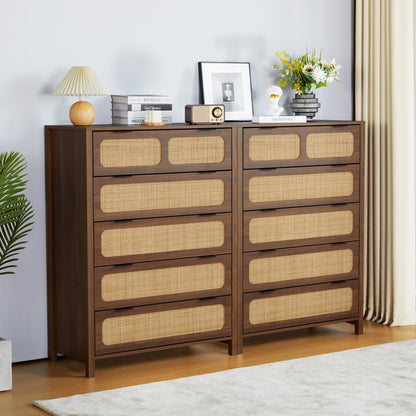 LEVNARY 5 Drawer Chest Dresser, Rattan Tall Dresser 5 Chest of Drawers for Bedroom, Wood Storage Cane Cabinet with Metal Handles, for Living Room, Hallway, Nursery (Walnut) - WoodArtSupply