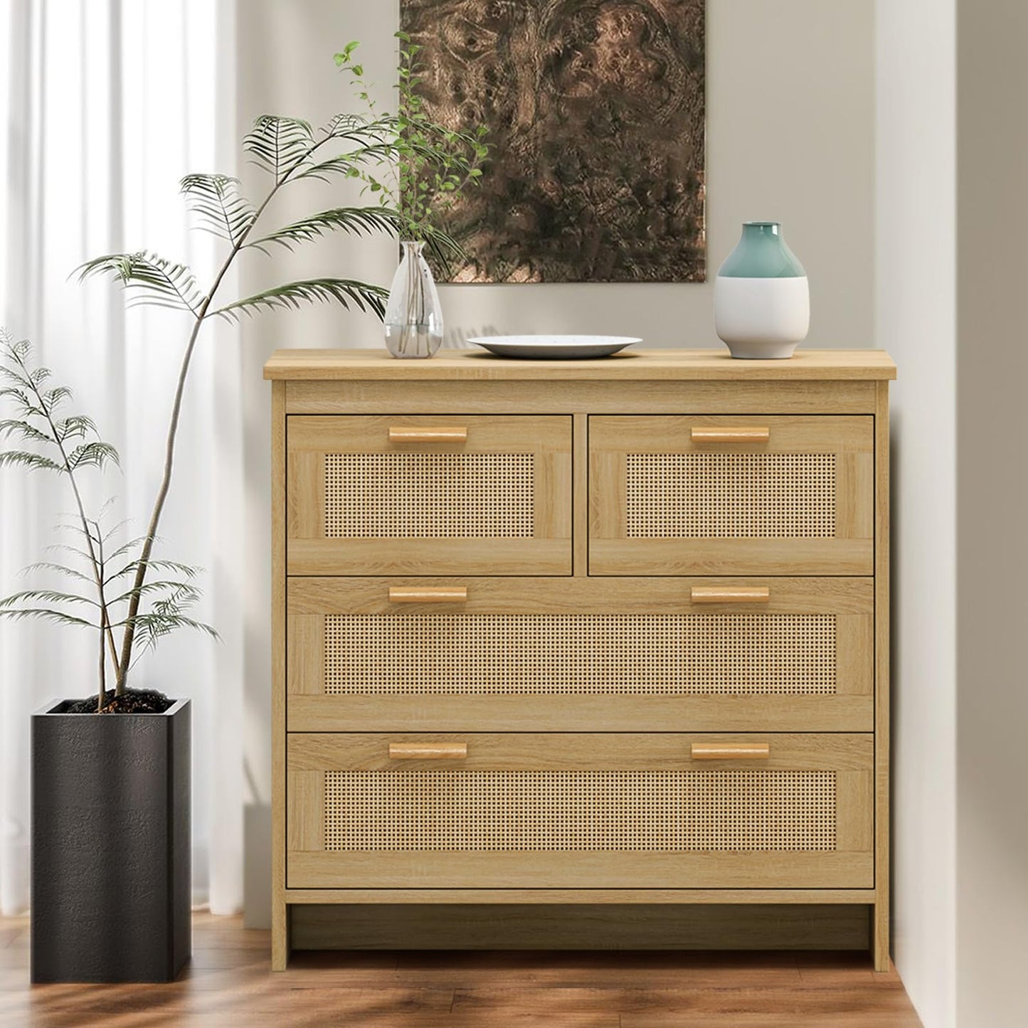 ROCKINGRUN Rattan Dresser for Bedroom, 4 Chests of Drawers, Natural Wood Boho Dresser with Wooden Handles and Legs, Spacious Storage Modern Wicker Dresser for Hallway (Natural)