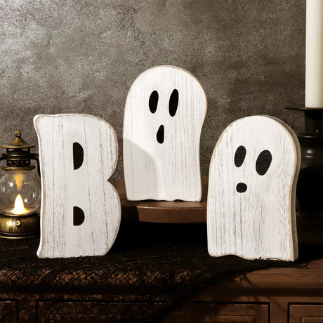 Treory Halloween Table Decorations Indoor: 3pcs Farmhouse Halloween Cute Ghost Decorations, Mini Black White BOO Wood Plank Signs, Rustic Tiered Tray Decor Wooden Ghost Desk Office Decor for Home Kids Treory