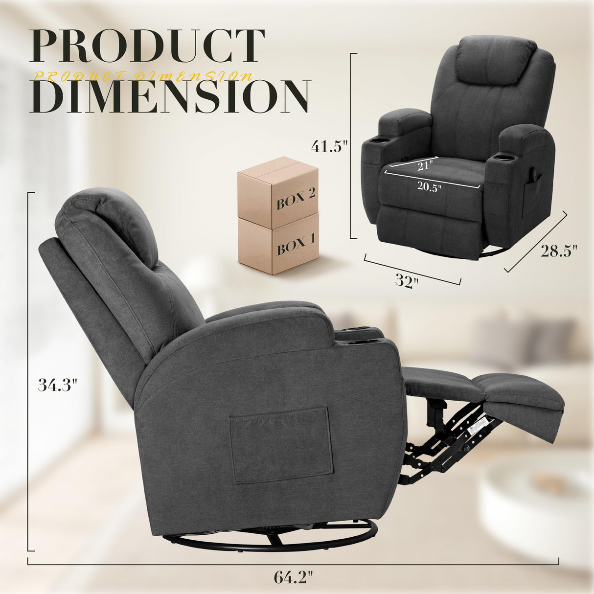 Furmax Rocker Recliner Chair, Recliner for Adults with Massage and Rocking, 360° Swivel Reclining Single Sofa with Side Pockets Cup Holders for Living Room (Fabric, Grey) Furmax