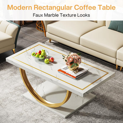 Tribesigns Modern Coffee Table White Gold Coffee Table Rectangle Coffee Table for Living Room, Engineered Wood Coffee Table with Faux Marble Veneer and Heavy Duty Metal Frame - WoodArtSupply