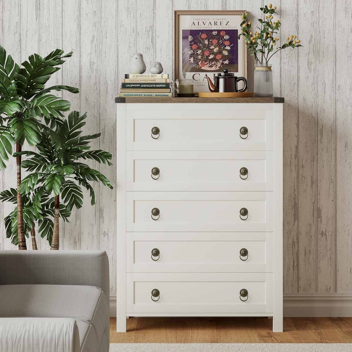 ChooChoo Farmhouse 5 Drawer Dresser, Tall Wood Dresser for Bedroom, Rustic Chest of Drawers, Storage Cabinet with Drawers for Living Room, Entryway, White ChooChoo