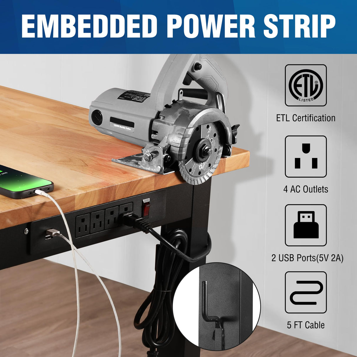 WORKPRO 48" Adjustable Workbench, Rubber Wood Top Heavy-Duty Workstation, 1500 LBS Load Capacity Hardwood Worktable with Power Outlets, Leveling Foot, for Workshop, Garage, Office, Home WORKPRO