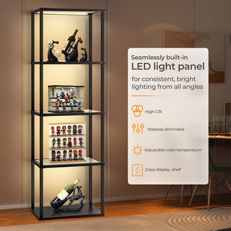 Tall Display Shelf Floor Lamp, Dimmable LED lamp with 3 Color Temperatures, Sturdy Glass Curio Cabinet Bookcase with Remote Control, Floor Lamp with Shelves for Living Room Decor, Collectibles (Black) Wio-Mio