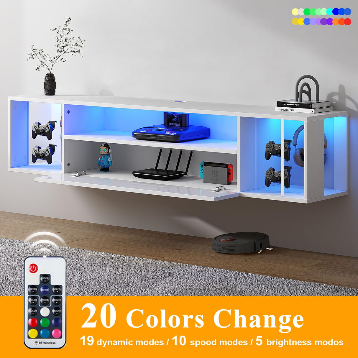 SogesPower Floating TV Stand with Lights,Floating Entertainment Center Wall Mounted LED TV Stand with Storage for Living Room Bedroom,Modern White Floating TV Shelf, 55inch SogesPower