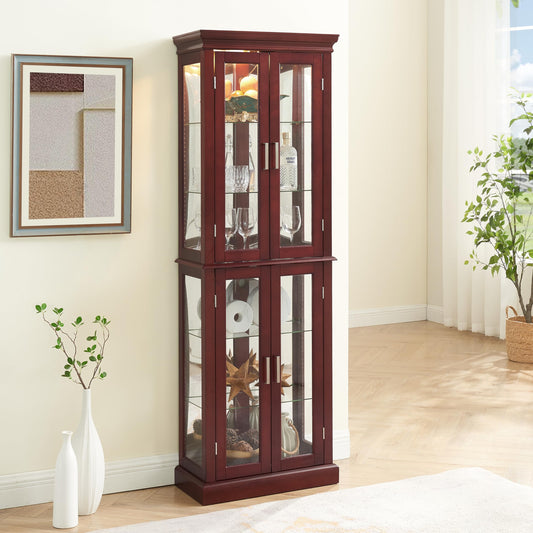 Royard Oaktree Lighted Curio Cabinet Wooden Display Cabinet with Adjustable Tempered Glass Shelves Vintage Accent Storage Cabinet with Mirrored Back & Tempered Glass Doors, Cherry - WoodArtSupply