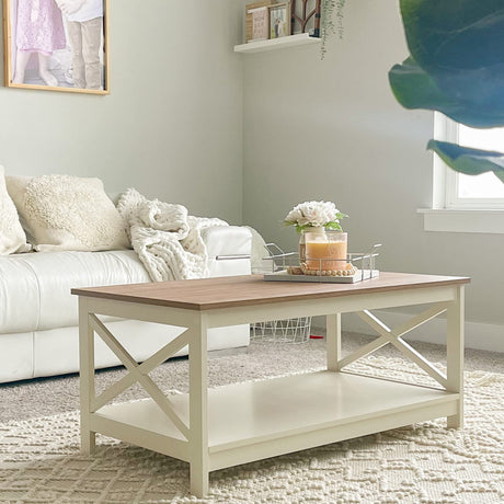 PHI VILLA Coffee Table - Modern Coffee Tables with Storage for Living Room Shelf 2 Tiers, Farmhouse coffee table set PHI VILLA