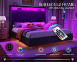 Jocisland LED Bed Frame with Velvet Upholstery and Charging Station, King Size Jocisland