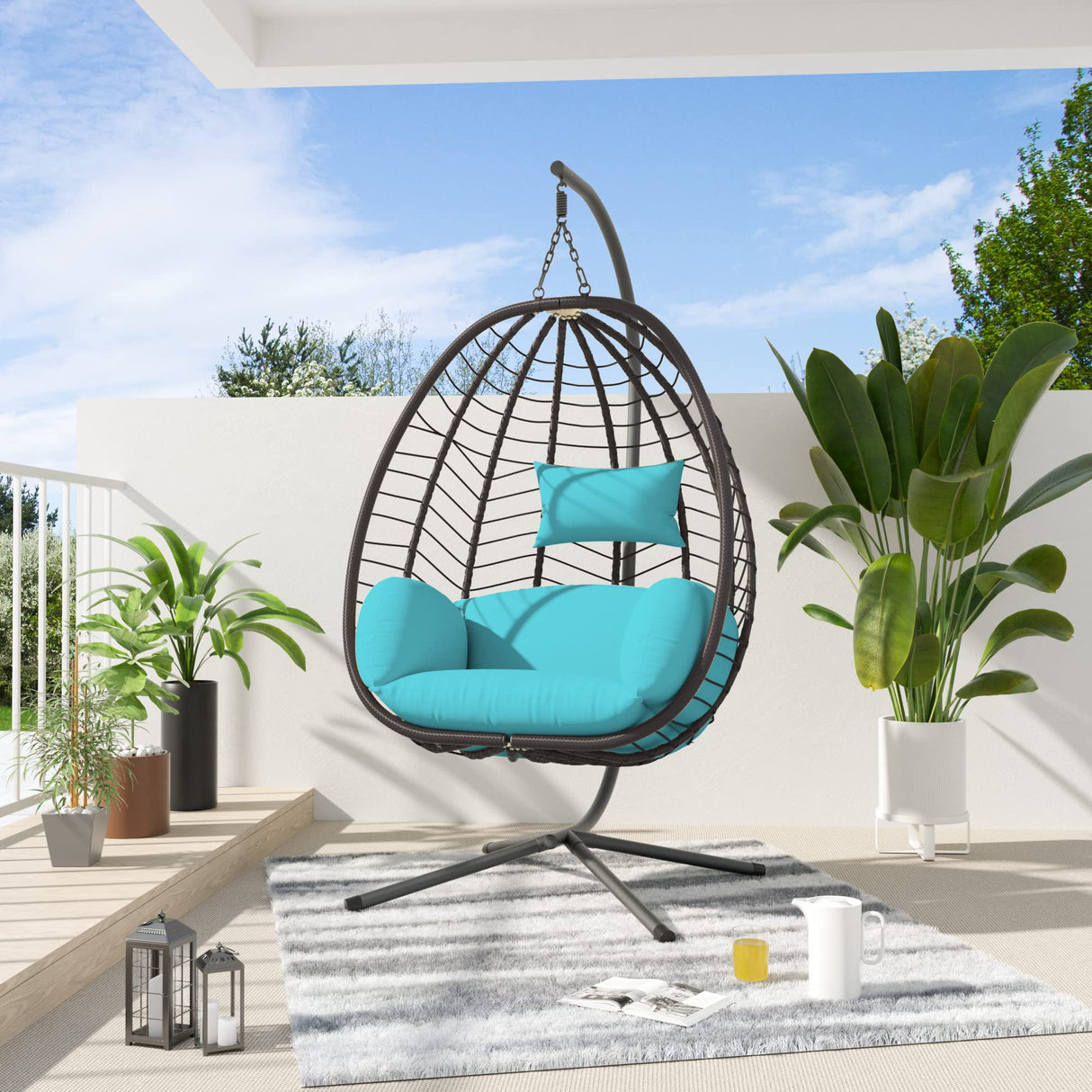 ALAULM Egg Swing Chair Outdoor Indoor Wicker Rattan Hanging Chair with Stand 350lbs Capacity w/Strong Frame & Blue Cushions for Patio Balcony Bedroom ALAULM