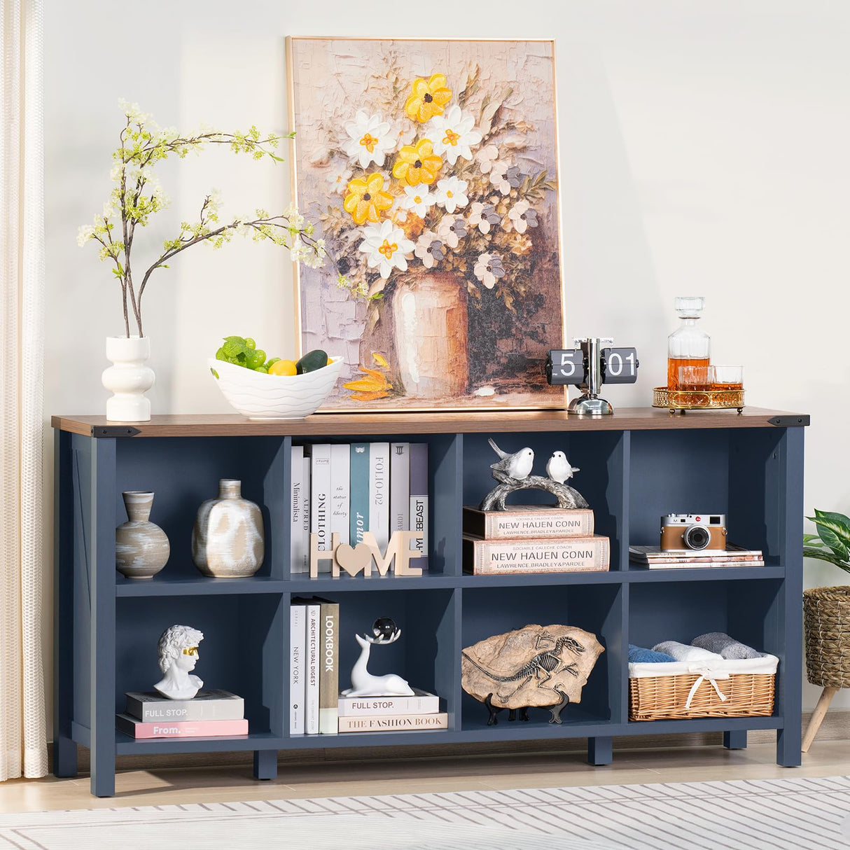 Joaxswe 8 Cube Book Shelf, Farmhouse Wood Long Storage Organizer Bookcase, 62" Horizontal Navy Blue Console Closet Bookshelf, Hallway TV Stand for Entryway, Display Cabinet Book Case for Living Room Joaxswe