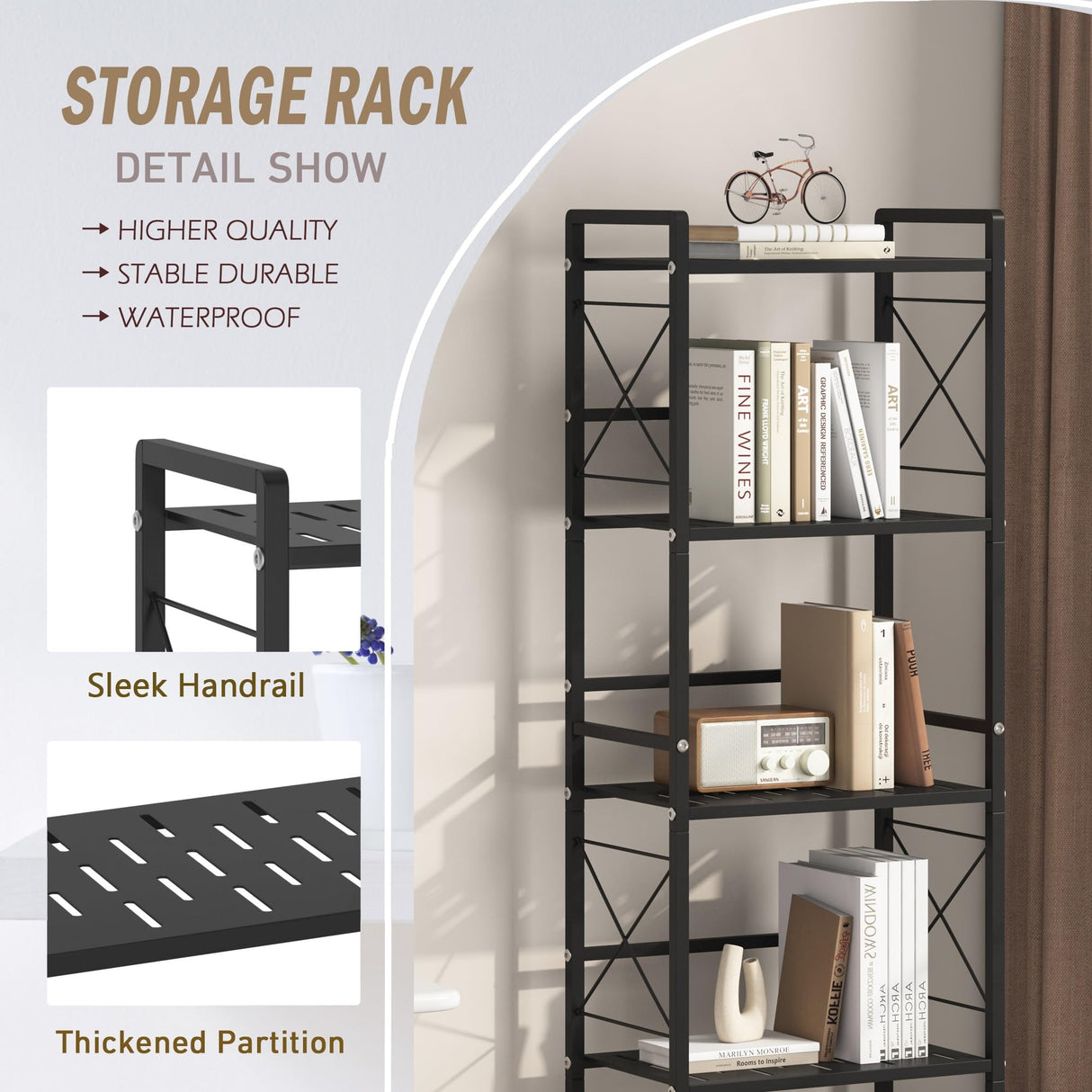 JSB 5 Tier Metal Bookshelf Bathroom Storage Standing Shelf Unit Kitchen Storage Organizer Display Rack Bookcases Shelves for Living Room, Bedroom, Office (Widen Black, 5 Tier) JSB