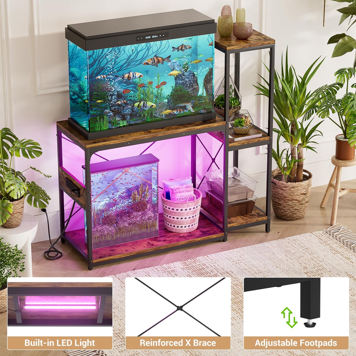 Hyomdeck 20-29 Gallon Fish Tank Stand with Power Outlet & LED Light, Reversible Wood Aquarium Stand with Shelves for Fish Tank Accessories Storage, Metal Frame, Turtle/Reptile Tank Stand, Rus - WoodArtSupply