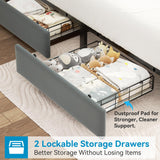 Queen Upholstered LED Bed Frame with 2 Storage Drawers and 2-Tier Storage Headboard, Velvet Platform Bed with Charging Station & Bookcase, Heavy Duty Metal Support, No Box Spring Needed, Grey Jocoevol