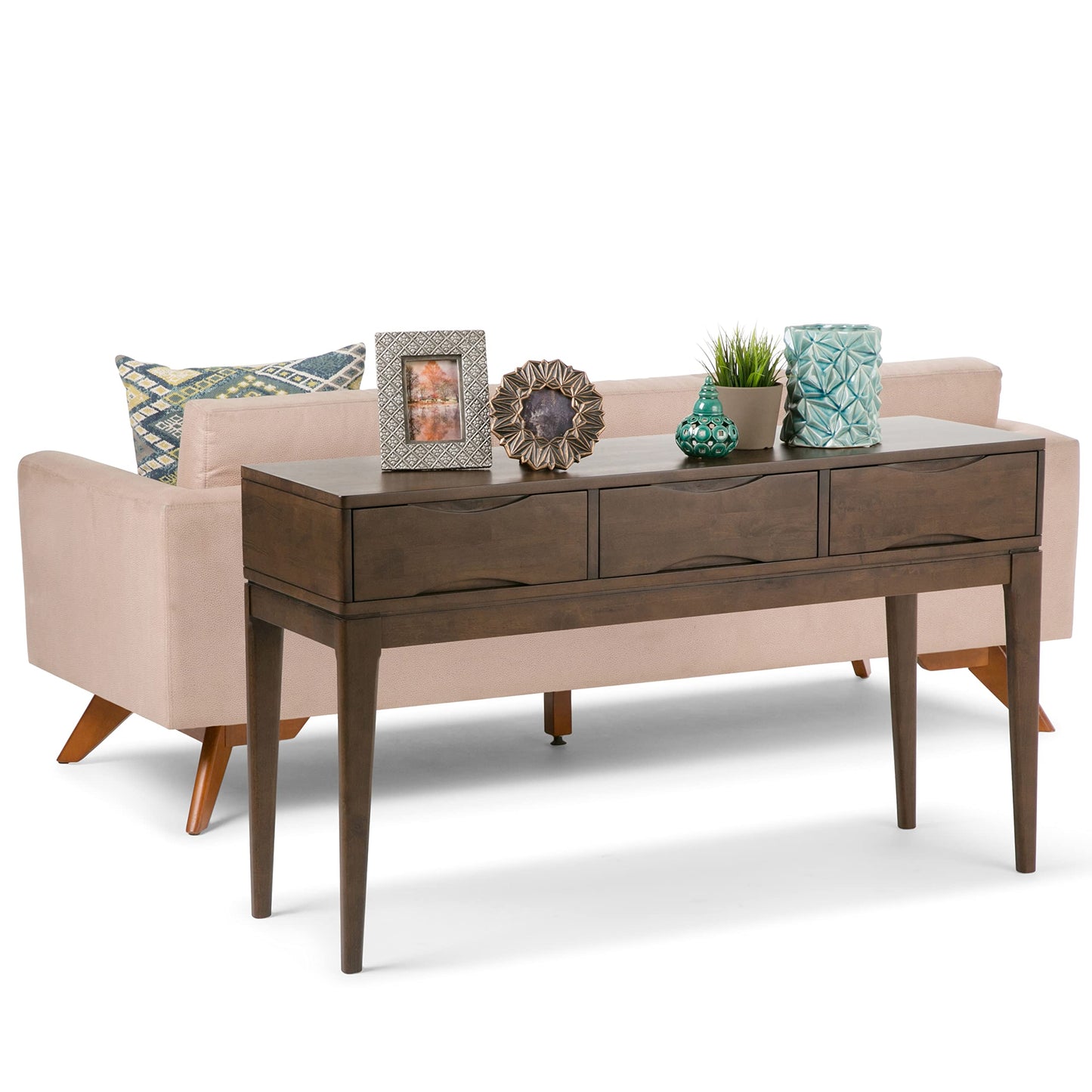 SIMPLIHOME Harper SOLID WOOD 54 inch Wide Mid Century Modern Console Sofa Entryway Table in Walnut Brown with Storage, 3 Drawers , for the Living Room, Entryway and Bedroom - WoodArtSupply