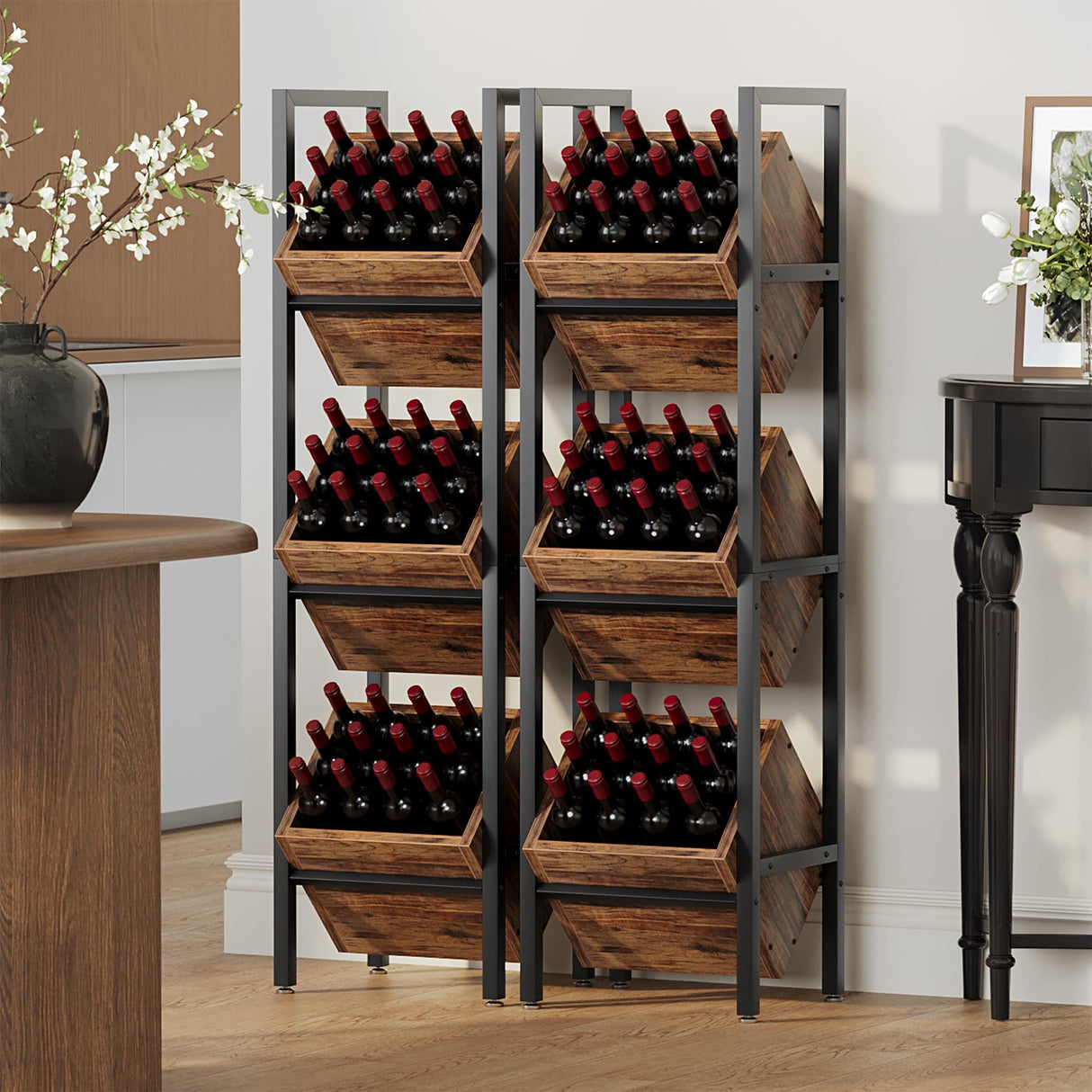 LITTLE TREE 3-Tier Basket Stand, Wooden Floor Stand Shelving Unit, Rustic Standing Organizer Storage Rack for Kitchen, Bathroom, Living Room LITTLE TREE