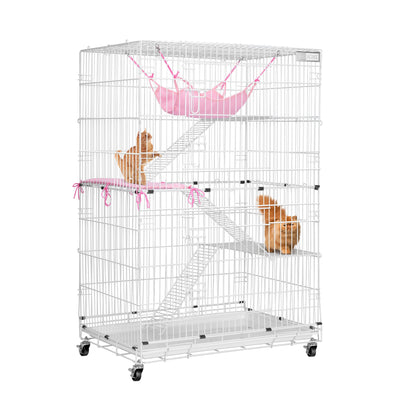 VIVOHOME 4-Tier 49 Inch Collapsible Metal Cat Kitten Ferret Cage 360° Rotating Casters Enclosure Pet Playpen with Ramp Ladders Hammock and Bed White