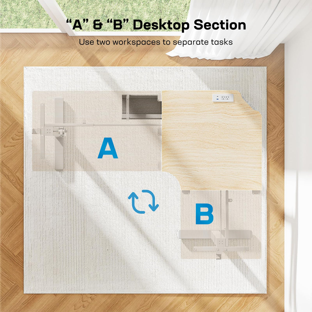 HUANUO 63″ Dual Motor L-Shaped Standing Desk, Built-in Power Outlets, Electric Height Adjustable Corner Computer Desk, Large Power Strip Holder, Sit Stand Up Desk with 3 Preset Heights, Natural Wood HUANUO