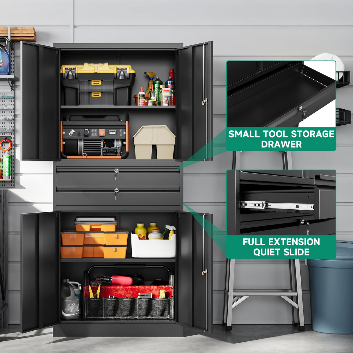 Letaya Metal Garage Storage Cabinet,71" Heavy Duty Steel Cabinet Tool Cabinet with 4 Door Lock-Adjustable Shelves and 2 Drawer for Garage Home Office Utility Room (Black) Letaya