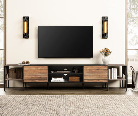 WAMPAT Mid-Century TV Stand for 90 Inch TV, Wood Entertainment Center for 75-105 Inch TV, TV Console Table with Storage Cabinet & Metal Leg, Television Stands for Living Room, Black & Brown, 100 Inch WAMPAT
