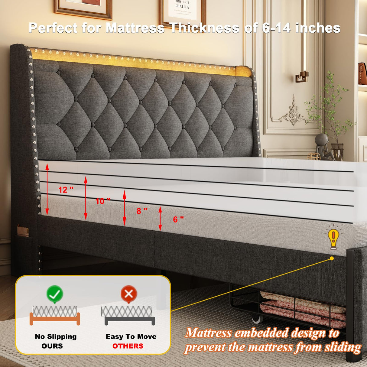 Queen Size Bed Frame with Storage Headboard and 2 Drawers, Upholstered Button Linen Platform Bed frame with Led Lights and Charging Station, No Box Spring Needed, Easy Assembly, Noise Free, Gray TIGUBFRE