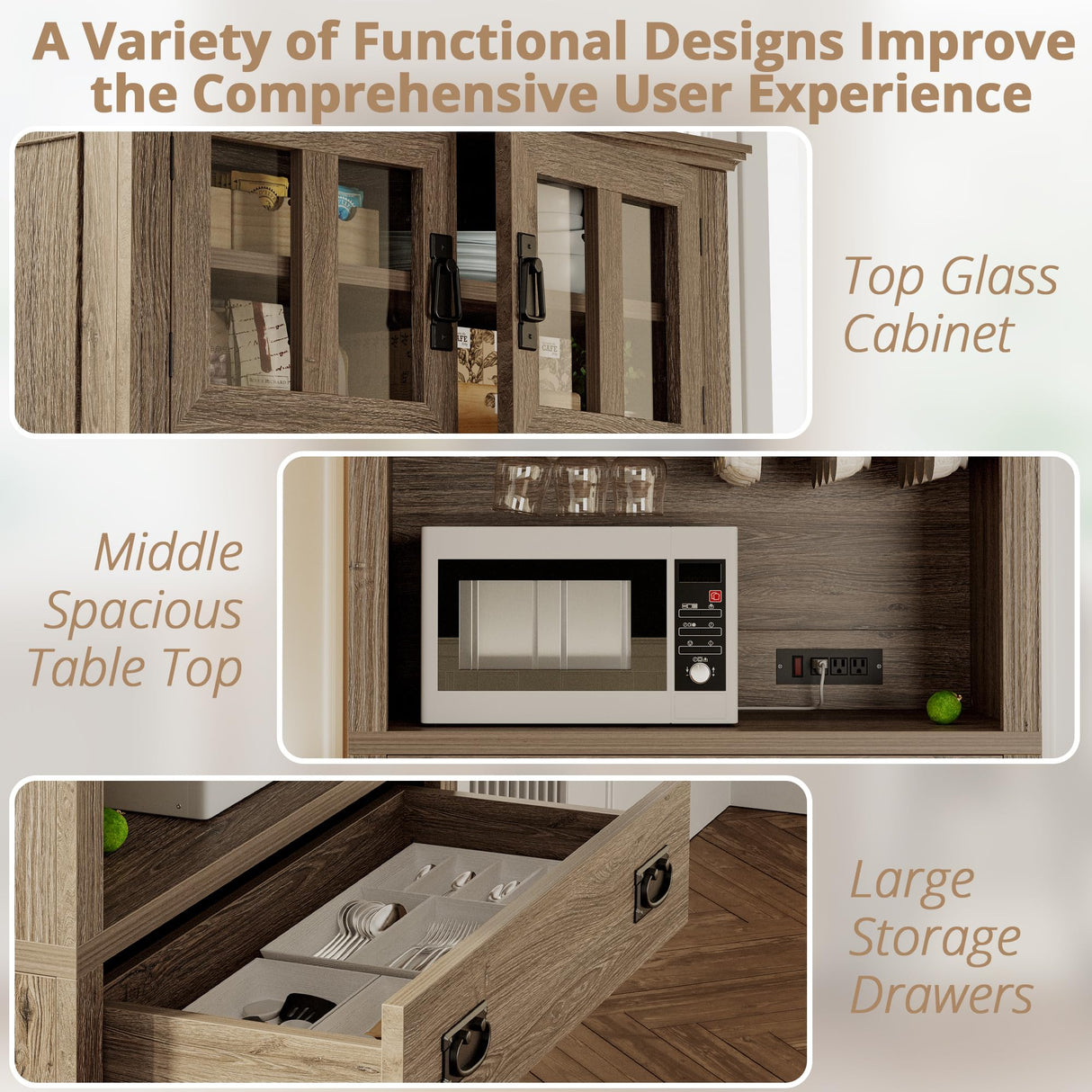 IRONCK Pantry Cabinet with Power Outlets, Kitchen Pantry Storage Cabinet with Microwave Stand, Farmhouse Kitchen Hutch for Dining Room, Living Room, Light Rustic Oak IRONCK