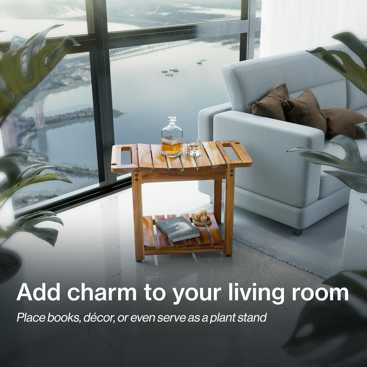 LotusSway Teak Shower Bench Seat with Storage Shelf, Wood Shower Benches for Inside Shower to Sit on, Teak Shower Stool & Spa for Elderly with Shower Head Holder & Built in Handle for Bathroom/Outdoor LotusSway