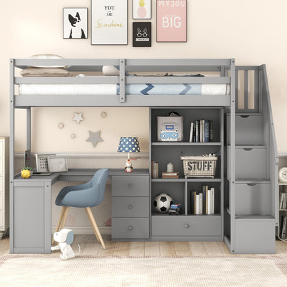 SOFTSEA Twin Size Loft Bed with Desk and Stairs, Solid Wood Loft Bed with Storage Staircase, Multi-Function Loft Bed with Storage Drawers and