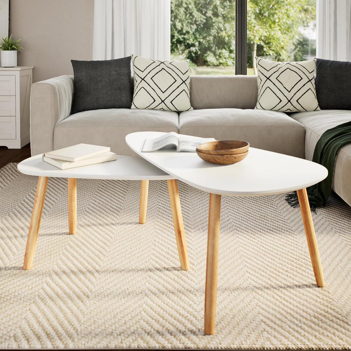 vidaXL Nesting Coffee Table 2 pcs, Side Tables with Solid Pine Wood Legs, Scandinavian Style End Table for Living Room, White vidaXL