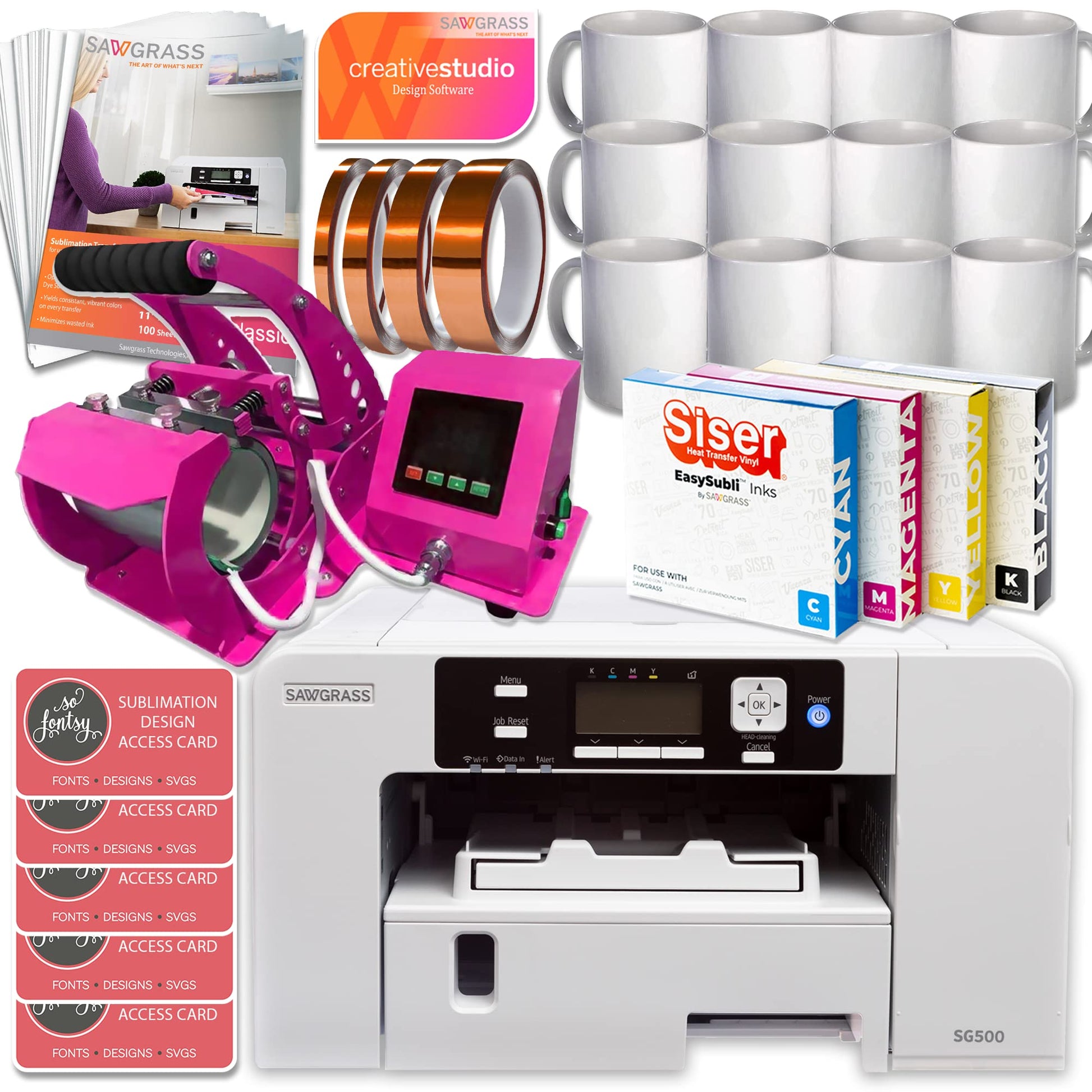 Sawgrass UHD Virtuoso SG500 Sublimation Printer Starter Bundle with Easysubli Inks, Pink Mug Heat Pres, Sublimation Paper, Tape, Blanks, Designs and Exclusive Content - WoodArtSupply