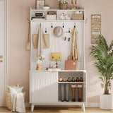 Maupvit 77" White Entryway Hall Tree, 4-in-1 Wood Coat Rack with 9 Hanging Hooks & Storage Bench, Shoe and Coat Rack, 18 Shoe Cubbies Home Organizer for Hallway Front Door Entrance Maupvit