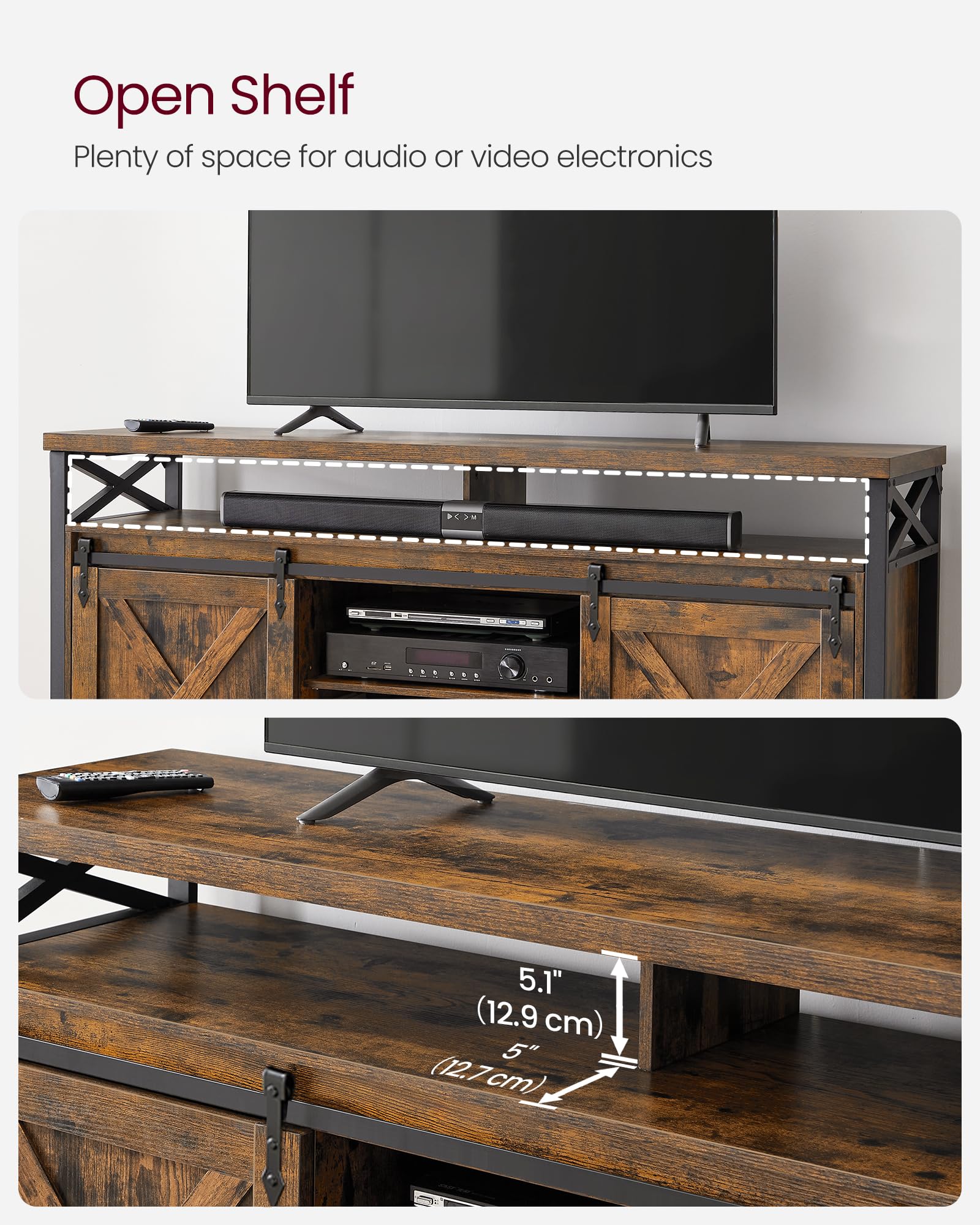 VASAGLE TV Stand for 65 Inch TV, Entertainment Center, TV Table and Console, TV Cabinet with Adjustable Shelves, Industrial Design, Rustic Brown and Black ULTV071B01 - WoodArtSupply