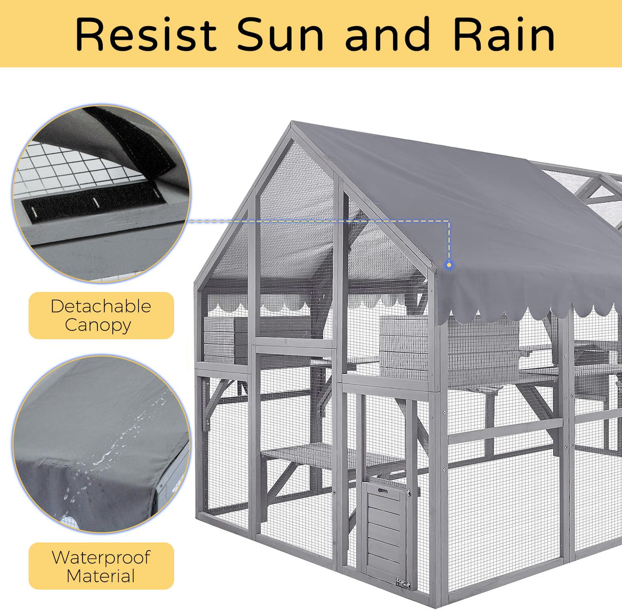 HYDRAGARDEN Large Catio Outdoor Cat House Enclosure Wooden Cat Cage Kitten Condo for Multiple Pets Walk in, with Bouncy Bridge, Platforms, Small Houses and Weatherproof Roof - 111”x74”x74” HYDRAGARDEN